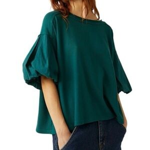 Free People Blossom Teal Knit Puff Sleeve Blouse